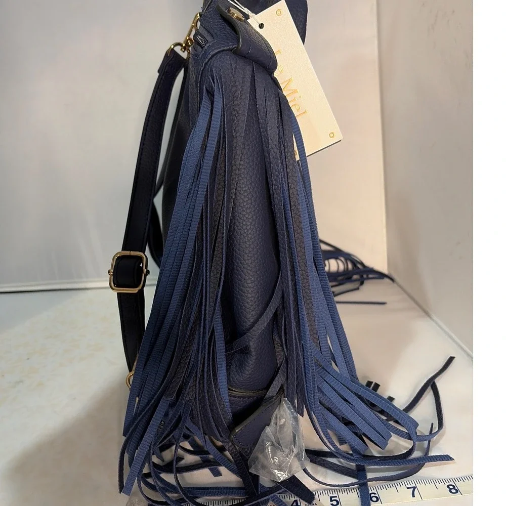 Le Miel Navy Blue Vegan Leather Moto Jacket Fringe Backpack Gold Hardware NWT